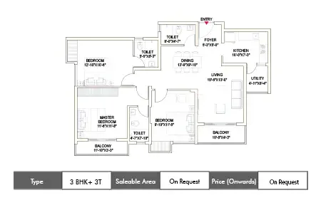 DTC Still Waters 3 BHK + 3T floor plan, sq ft carpet area